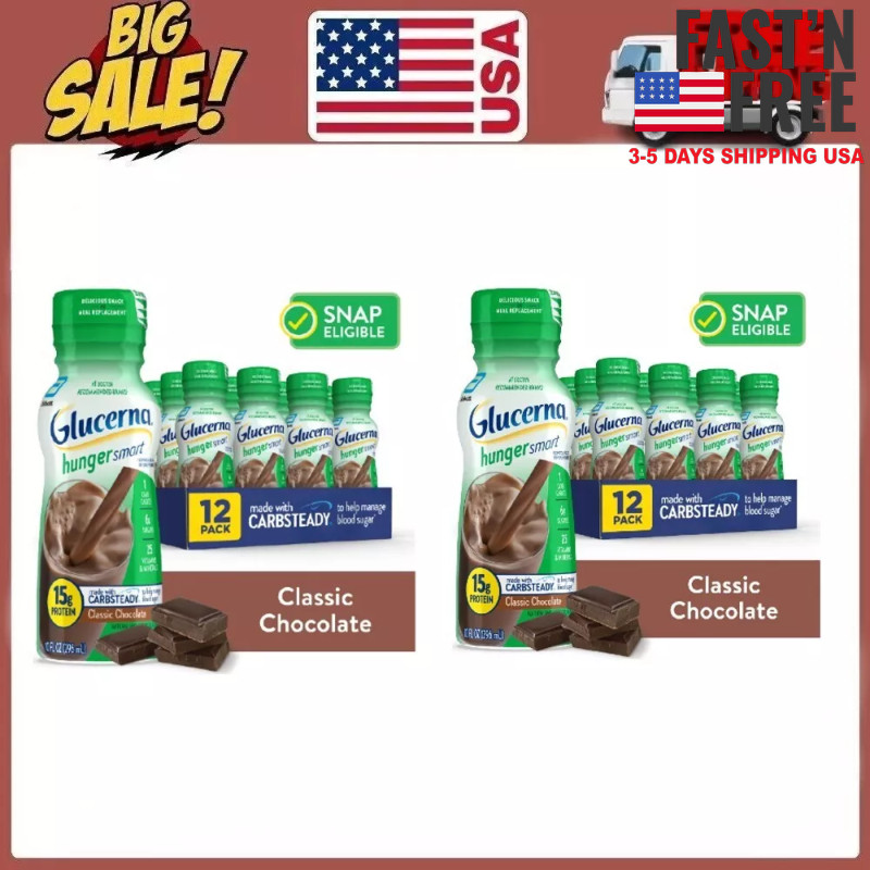[2 Pack] Glucerna Hunger Smart Diabetic Protein Shake, Classic Chocolate, 10oz