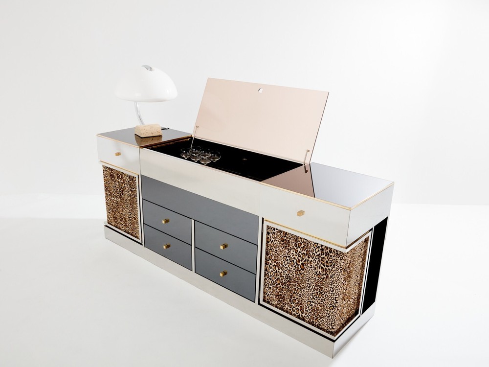 Michel Pigneres brass mirrored leopard bar sideboard 1969