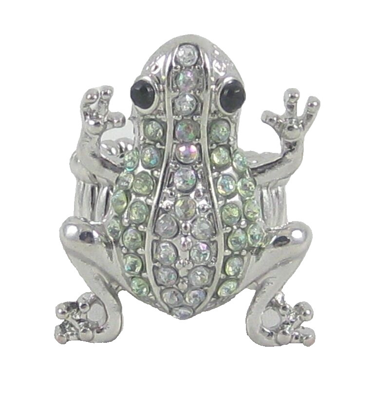 Silver Frog Stretch Ring With Green & Clear Crystals #R1163