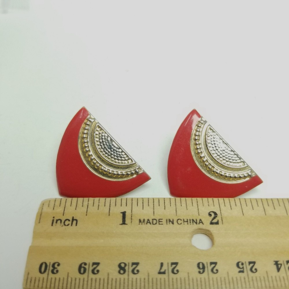 Vintage Triangular Red Enamel Stud Earrings, Retro 80s Style Design, Bold