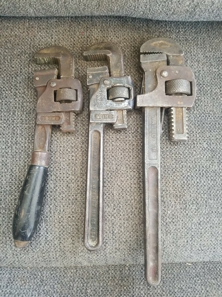 3 Antique Trimont Trimo Monkey Pipe Wrenches 10" & 14" Stillson Walworth