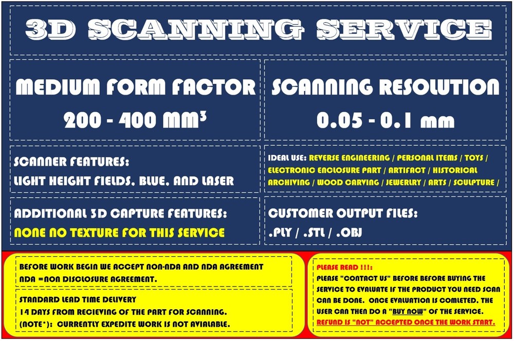 3D SCANNING SERVICE HIGH RESOLUTION MEDIUM FORM FACTOR [NO TEXTURE]