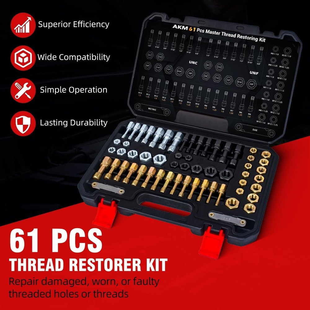 61Pcs Thread Restorer Kit, Rethread Repair Tool, UNC UNF &MetricThread Chaser...