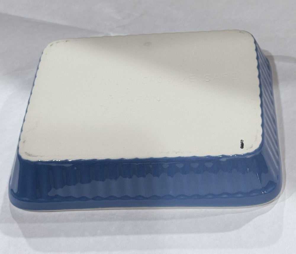 Vintage Blue Ribbed Rectangular Stoneware Baking Dish 7.5" Japan