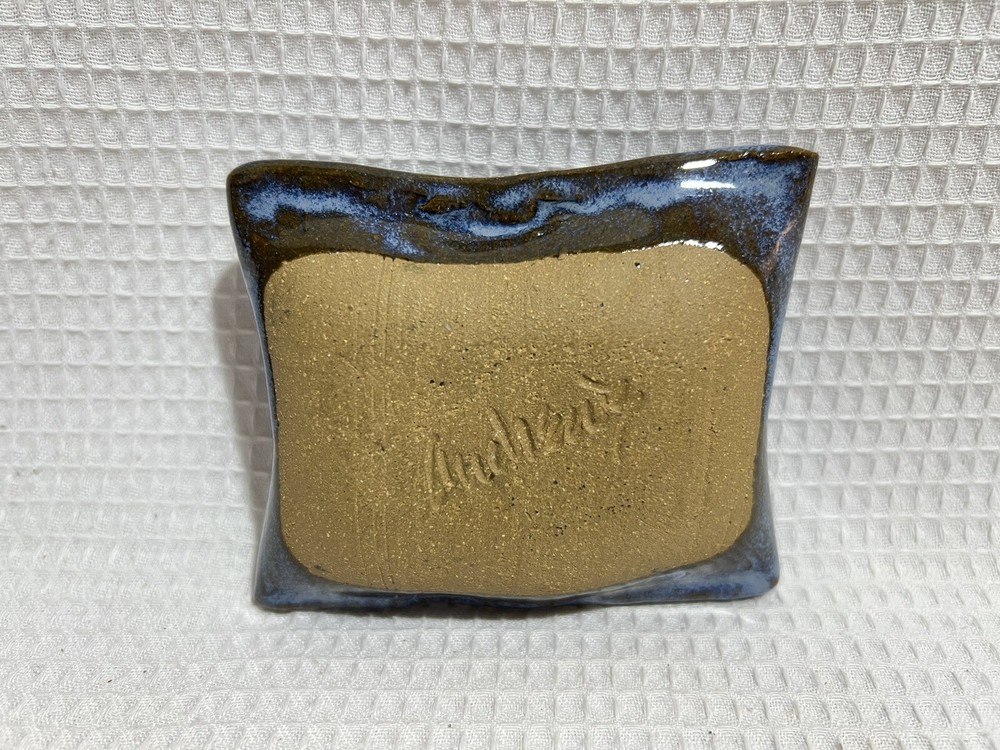 Blue/Brown Pillow Shaped 3-Hole Signed Pottery Incense Burner