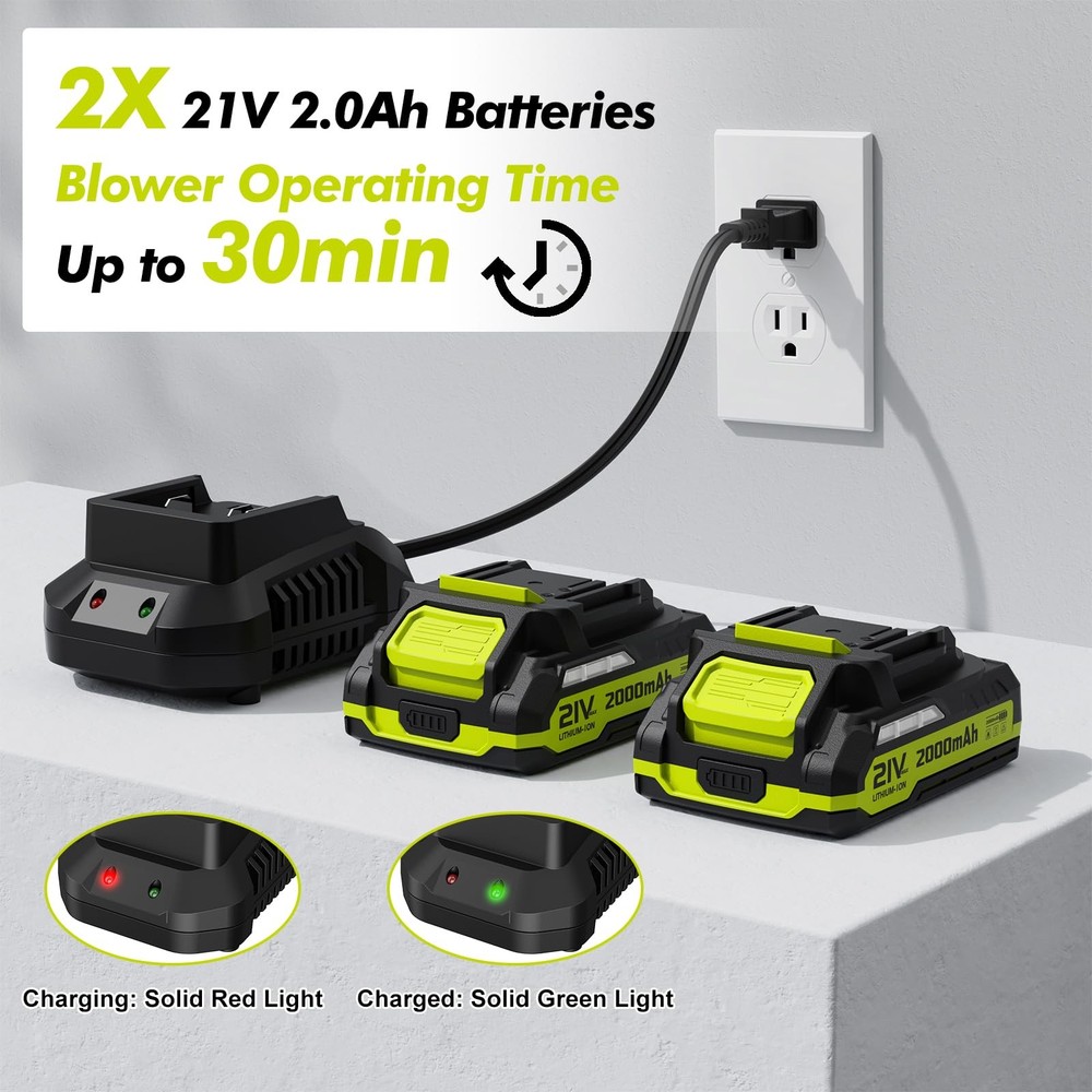 Leaf Blower Cordless - 21V Powerful Electric with 2 Green