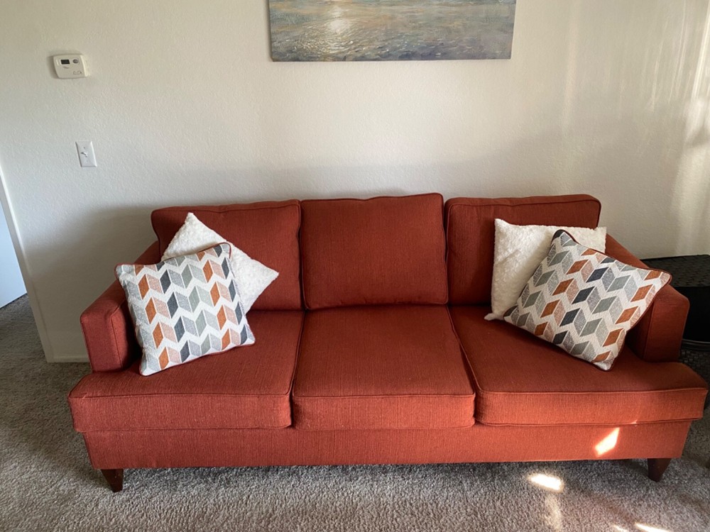 Beautiful, modern red couch with three seats