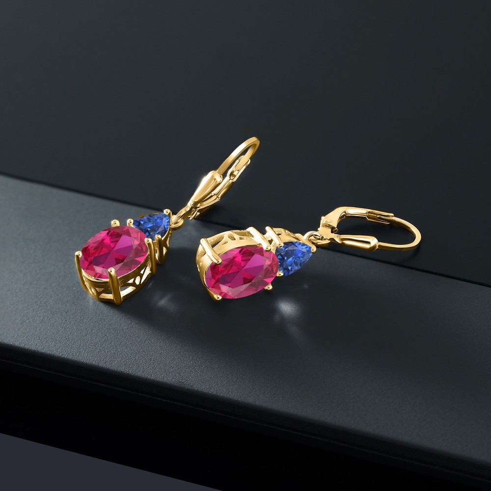 18K Yellow Gold Plated Silver Created Ruby and Created Sapphire Dangle Earrings