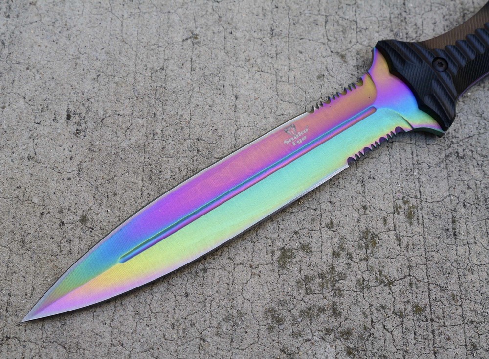 13” Fixed Blade Knife Rainbow Spear Double Edge Full Tang Sharp Spear Point