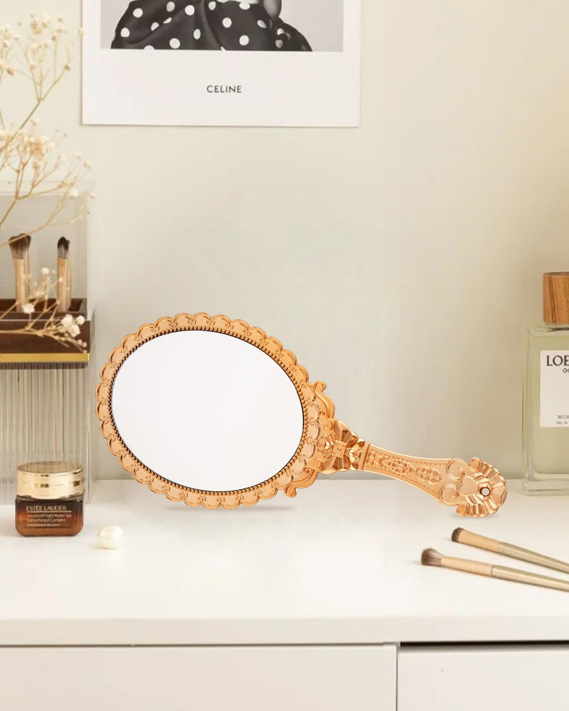 Vintage Handheld Mirror with Handle - Gold, Travel Size