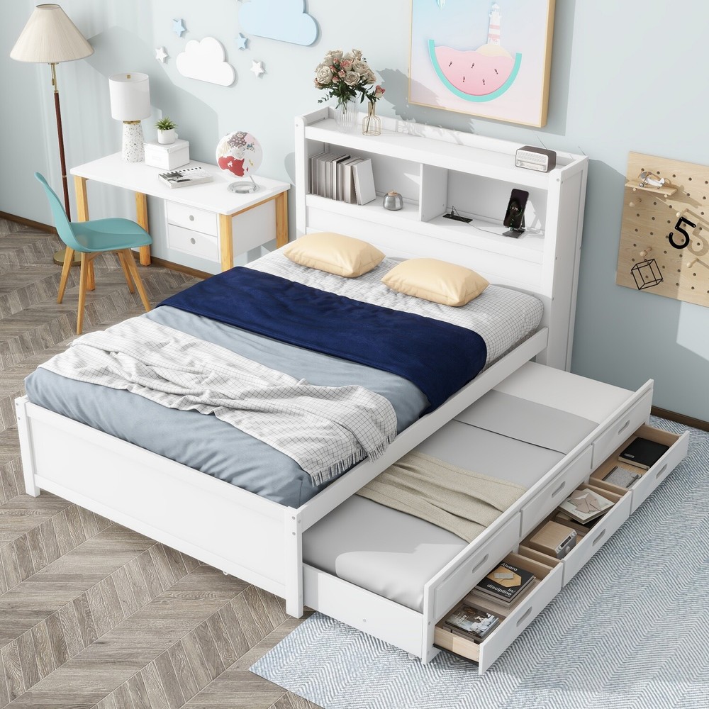 Full Size Bed Frame Wood Platform Bed with Pull Out Trundle & Drawers White/Gray