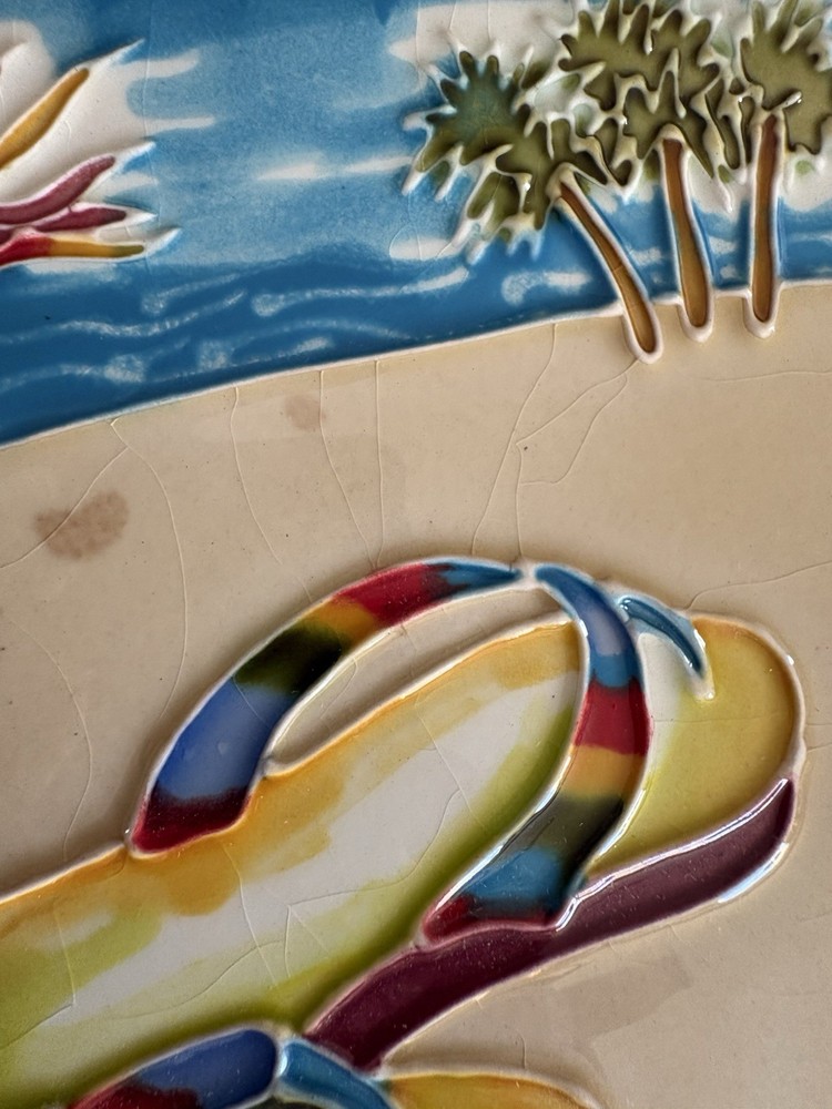 Signed BEACH LIFE “FLIP FLOPS”, 8” x 8” Ceramic Wall Art Tile MH *read*