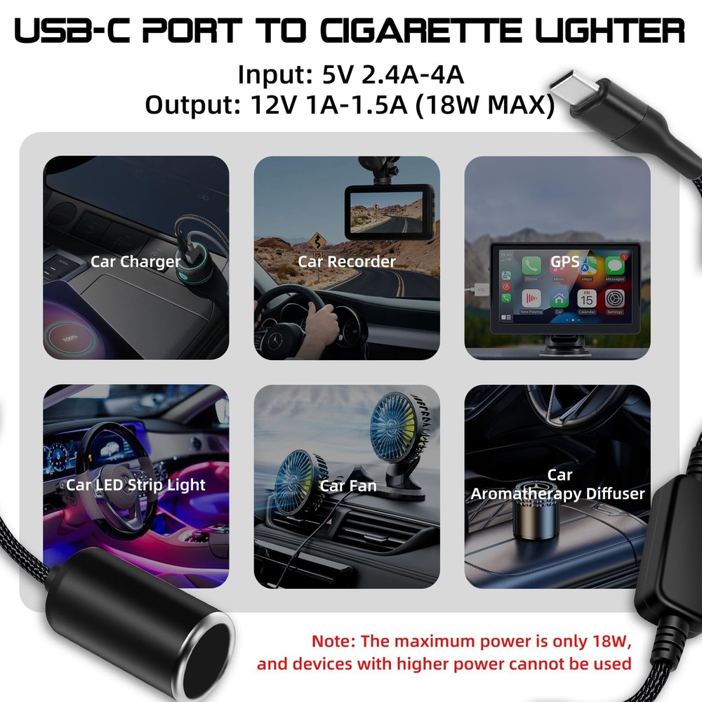 WYMECT USB C Male to 12V Cigarette Lighter Socket Adapter 18W Power Black