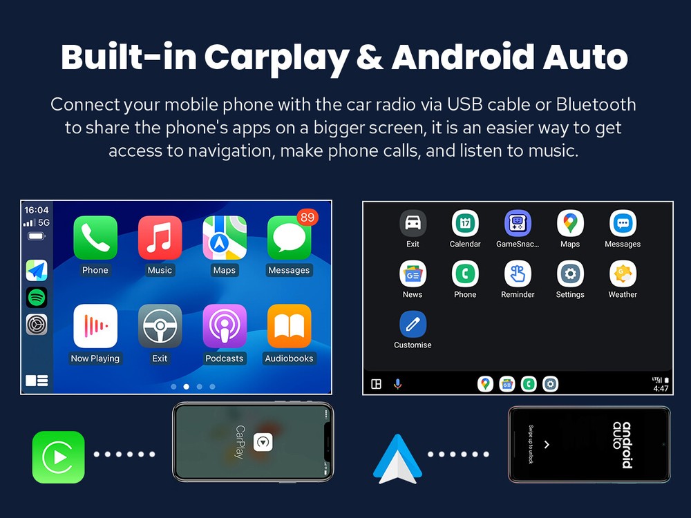 10.1-inch CarPlay Android Auto Car Stereo 4+64GB Android 13 Support Front Camera