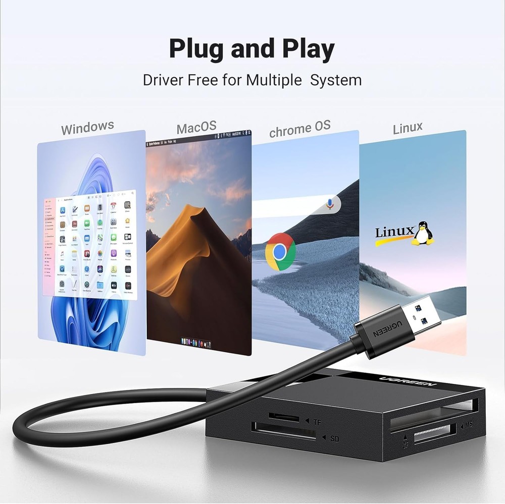 Portable USB 3.0 SD Card Reader for Quick 4 Card Access - Compact Black Hub