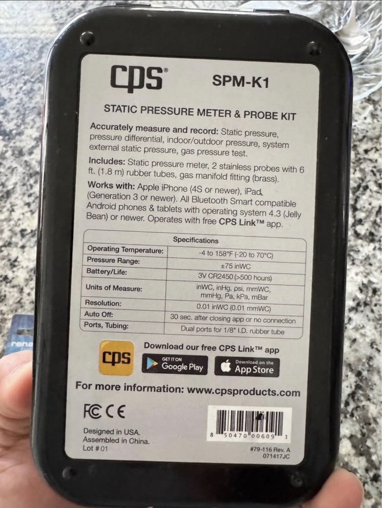 CPS Products SPM-K1 Bluetooth Static Pressure Meter and Probe Kit