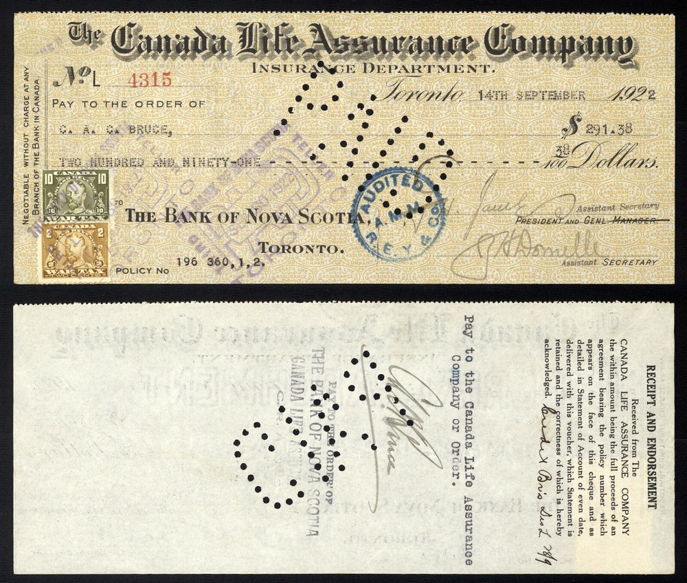 One 1920s-1940s Canada draft/check with revenue stamp(s) attached from hoard