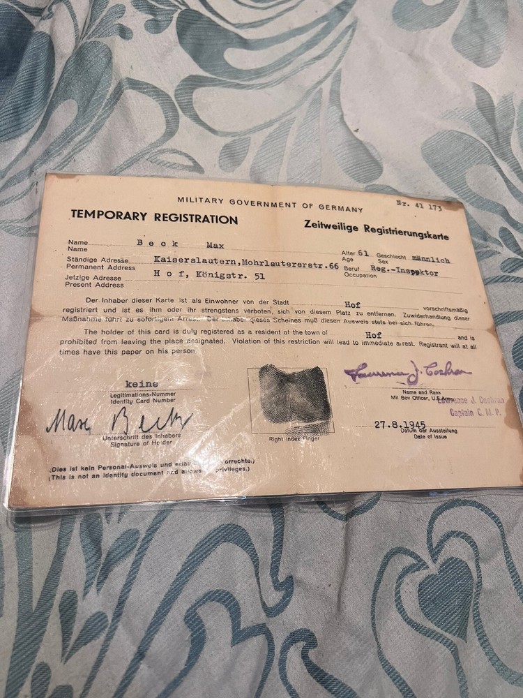 Genuine WW2 Temporary Registration Document Germany 1945