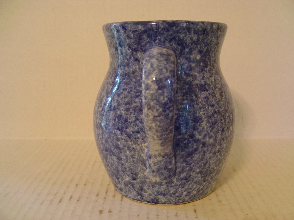 VINTAGE BLUE SPONGEWARE STONEWARE PITCHER 6" HIGH