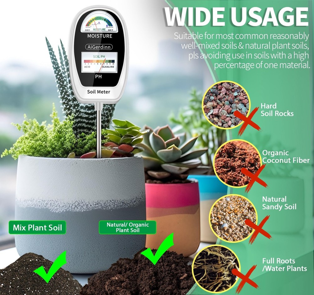 Soil Test Kit, 2-in-1 Soil Moisture Meter, Soil pH Meter -Dual Dial-Simultane...