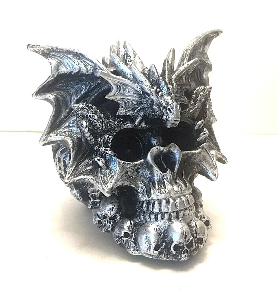 Skull Silver Dragon Figurine Statue Skeleton Halloween
