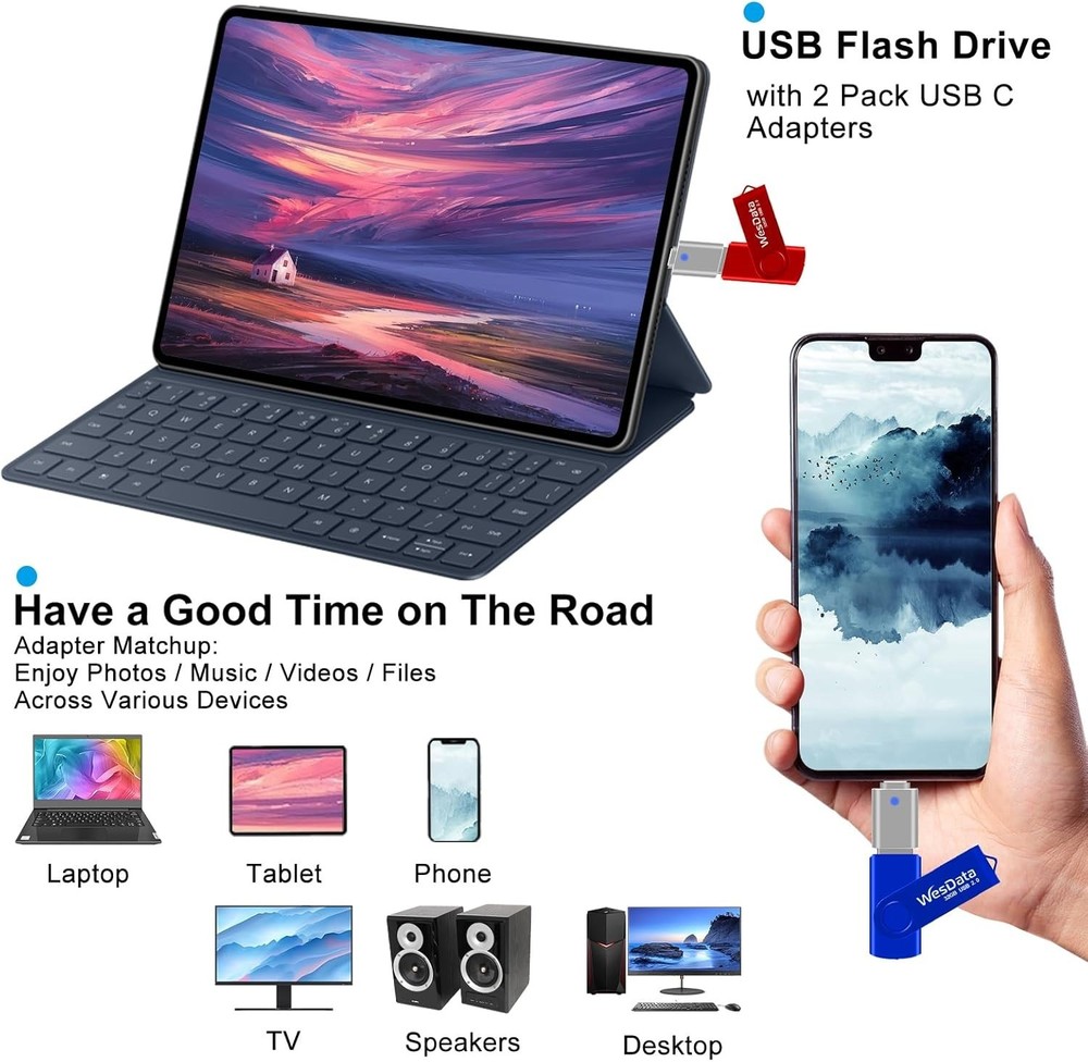 5 Pack 64GB USB Flash Drives & 2 USB C Adapters - Elegant Data Storage Solution