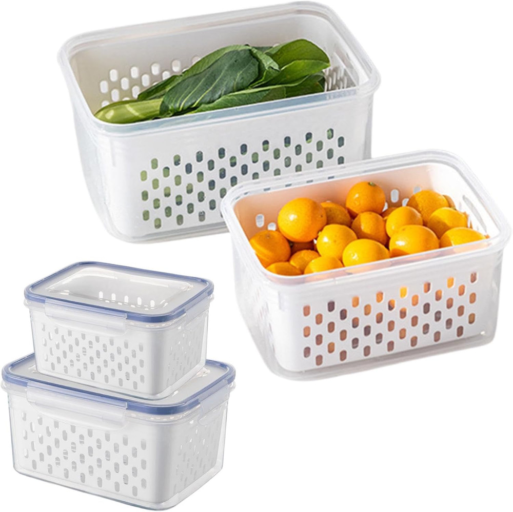 2 Pack Fruit Storage Containers for Fridge with Removable Colanders, Dishwasher