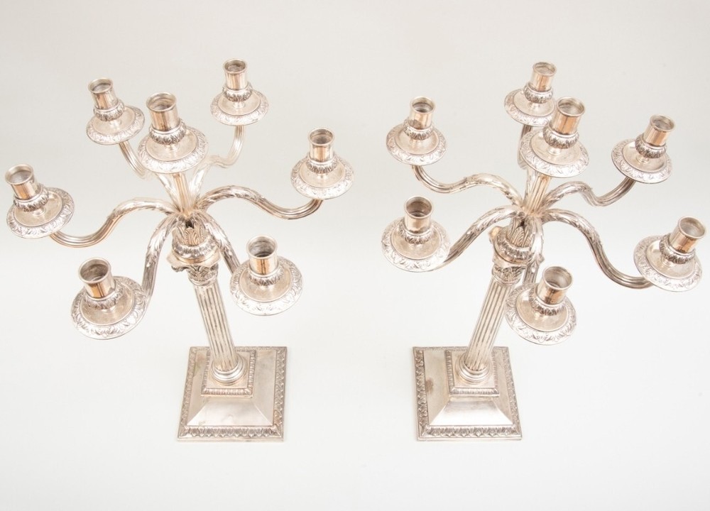 PAIROF GERMAN SILVER SEVEN LIGHT CANDELABRA CORINTHIAN COLUMN