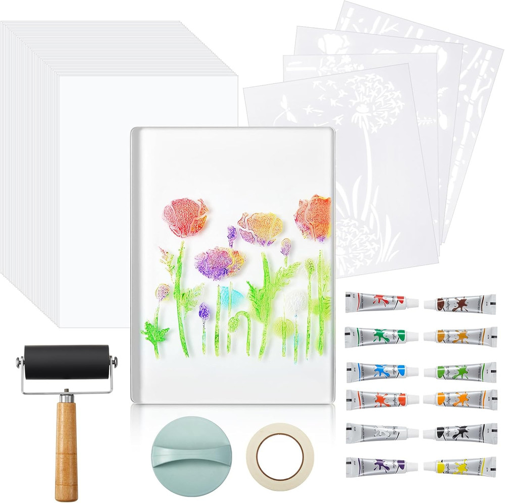 5" X 7" Gel Printing Plate Starter Kit - Beginner Monoprinting Set with Brayer,