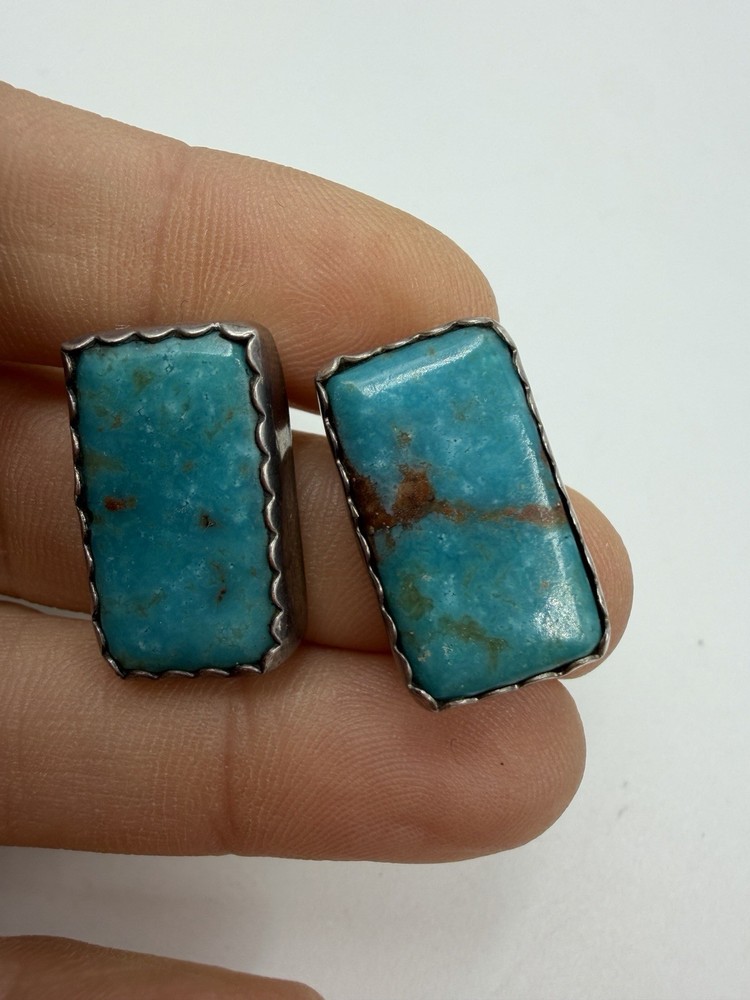 Silver Earrings Native American Signed Rectangle Turquoise Dennis Ramone CQ