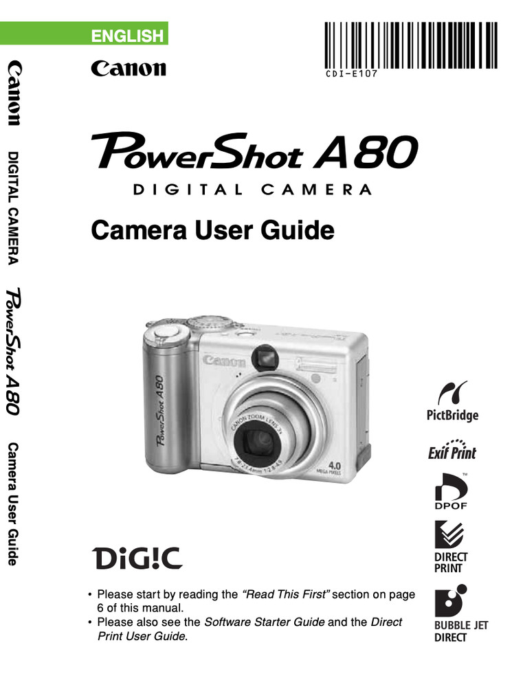 Canon POWERSHOT A80 Digital Camera User Owner Instruction Manual