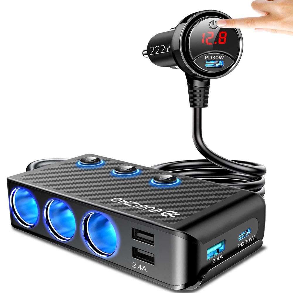 EUGIZMO Cigarette Lighter Adapter, 222W 3 Socket Car Black