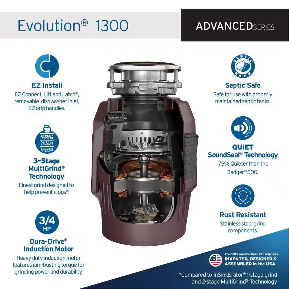 Evolution 1300, 3/4 HP Garbage Disposal, Advanced Series EZ Connect Continuous F