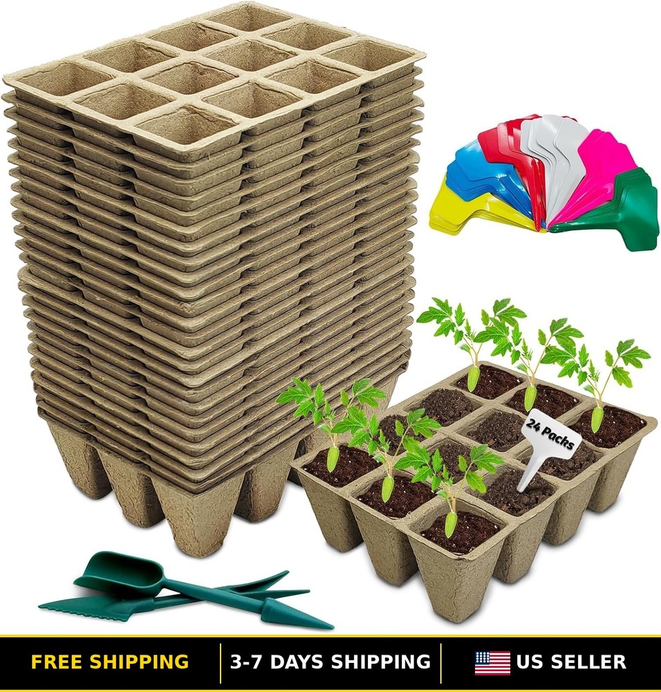 288 Cells Biodegradable Seed Starter Tray - 24 Pack Peat Pots for Seedlings