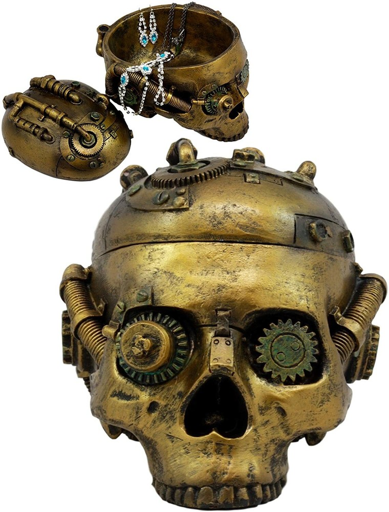 Steampunk Skull Box Robotic Gearhead Half Head 7.5" Long Container Keepsake Box