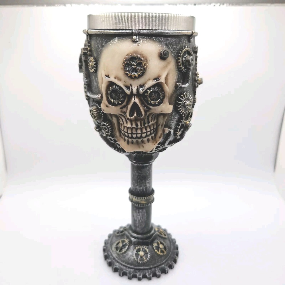 Steampunk Mechanical Gearwork Skull Face Wine Goblet 7.5”
