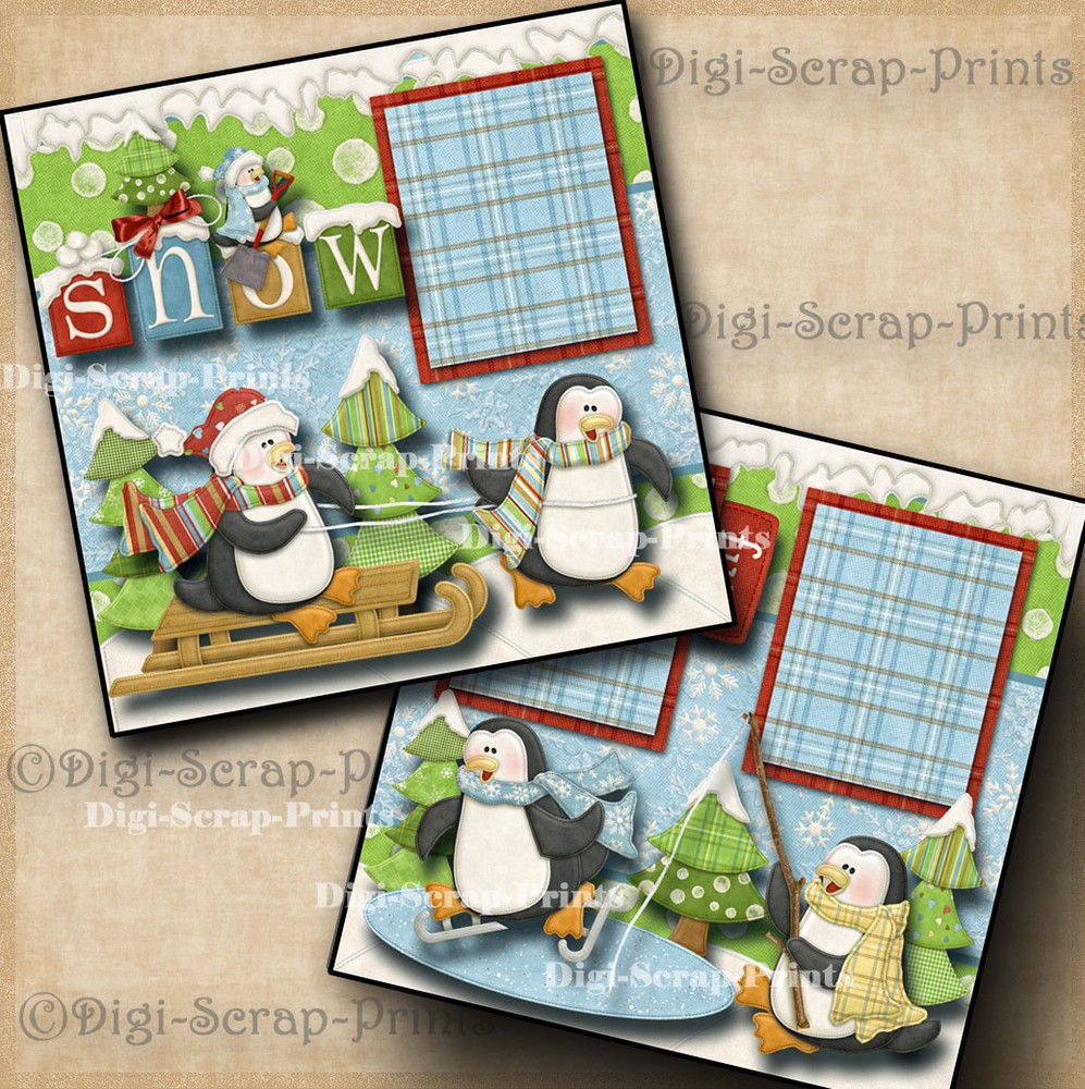 WINTER SNOW ~ 2 premade scrapbook pages paper piecing layout for ablum DIGISCRAP