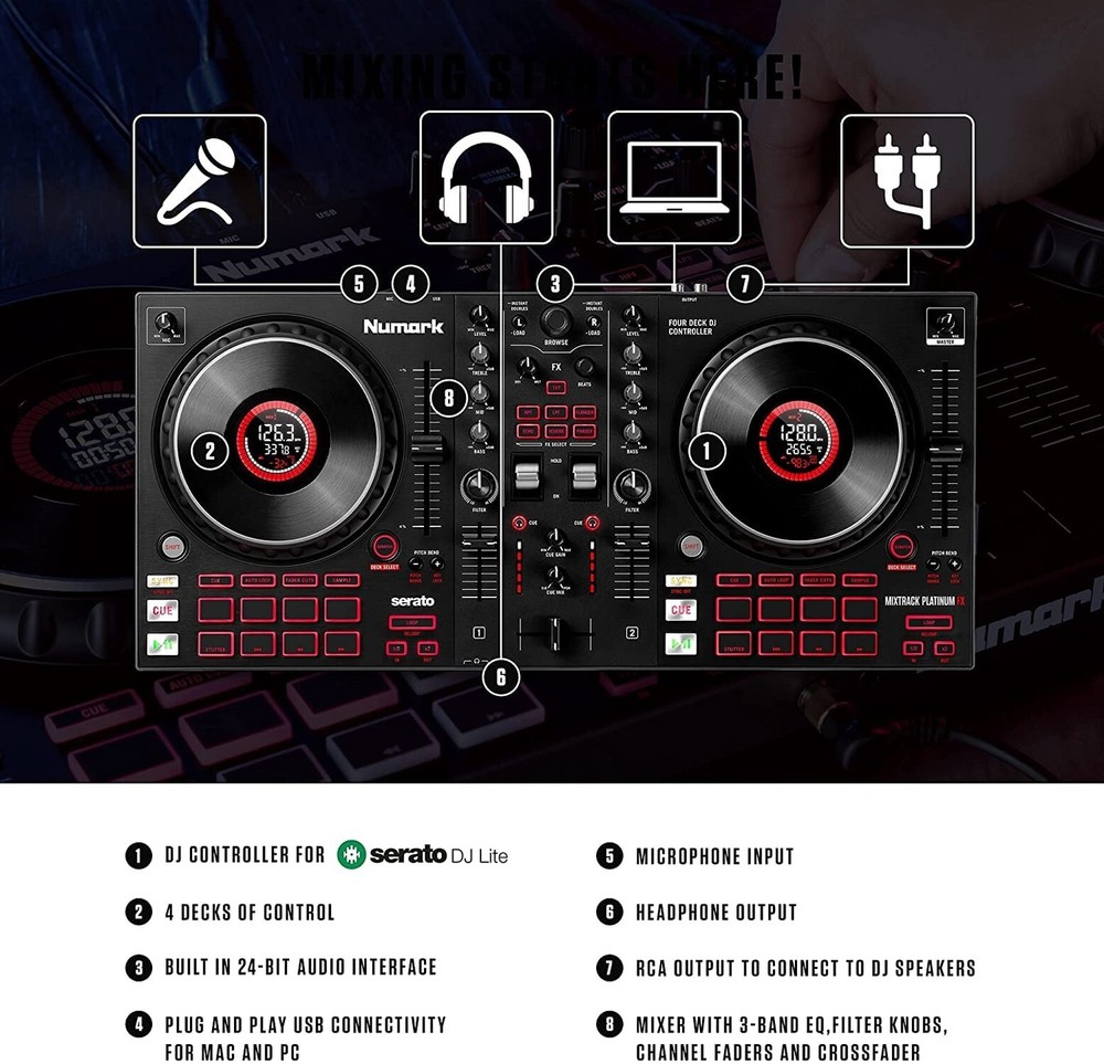 DJ Controller Bundle - DJ Set with 4 Decks, DJ Mixer, Audio Interface, Jog Wh...