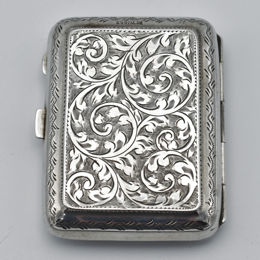 Antique Sterling Silver Cigarette Case 1924 Patterned Acanthus Scroll Engraved