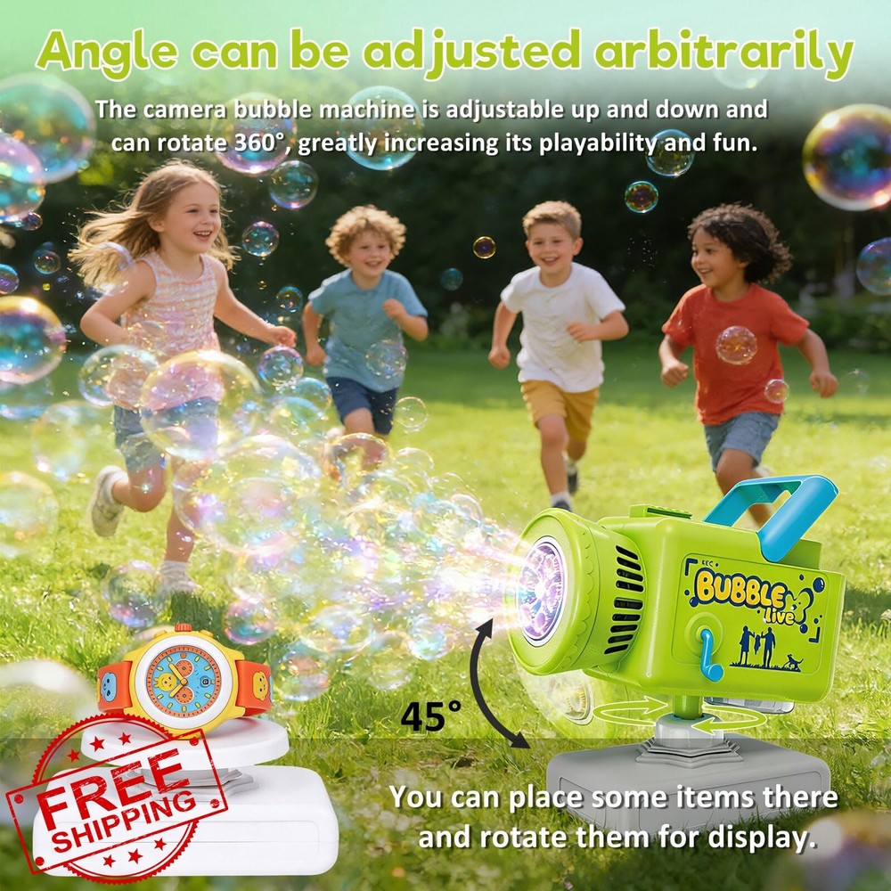 Rechargeable Camera Bubble Machine Kids LED Light Auto Rotation Type-C Outdoo...