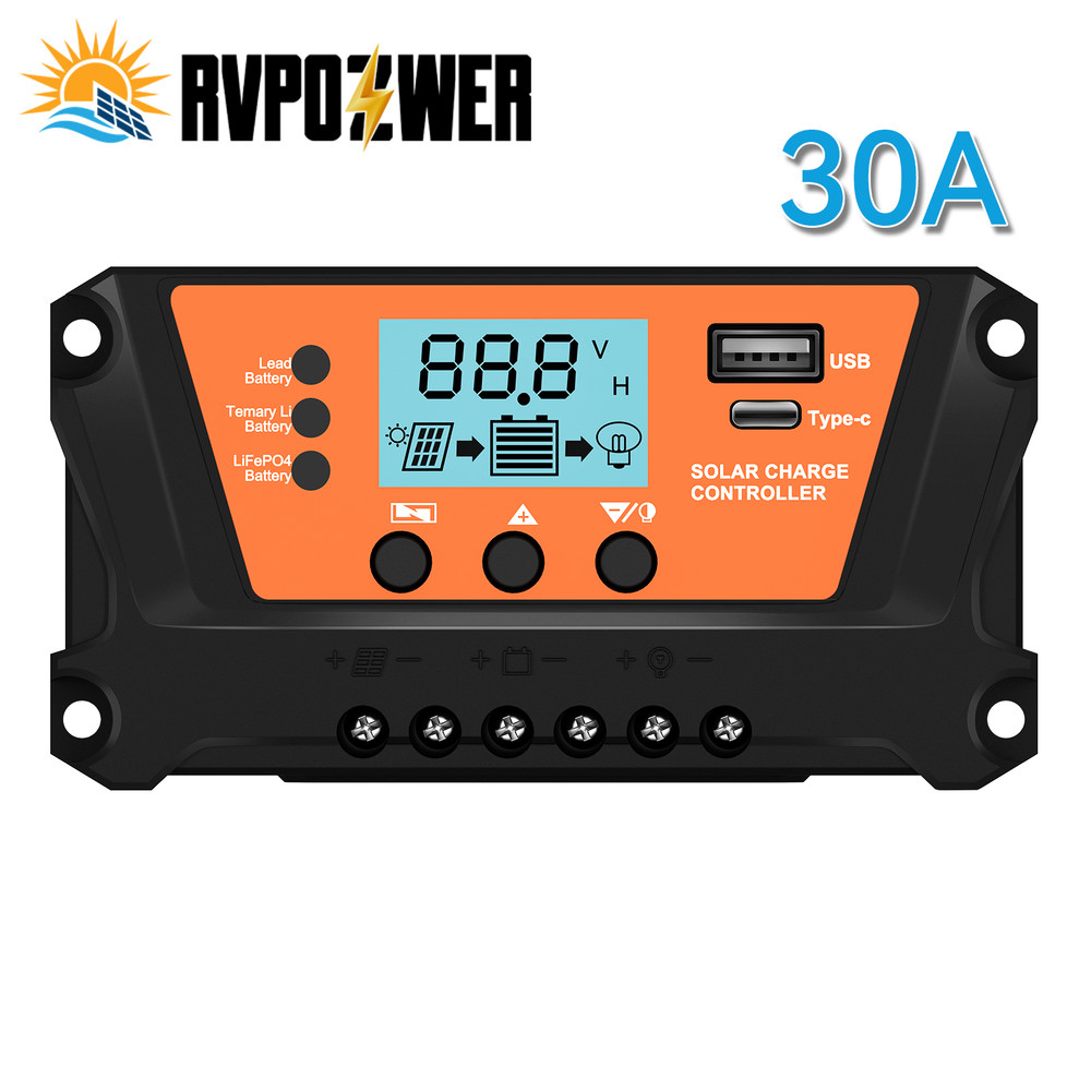 30 Solar Panel Battery Charge Controller  12V/24V USB Type-C Auto Regulator LCD