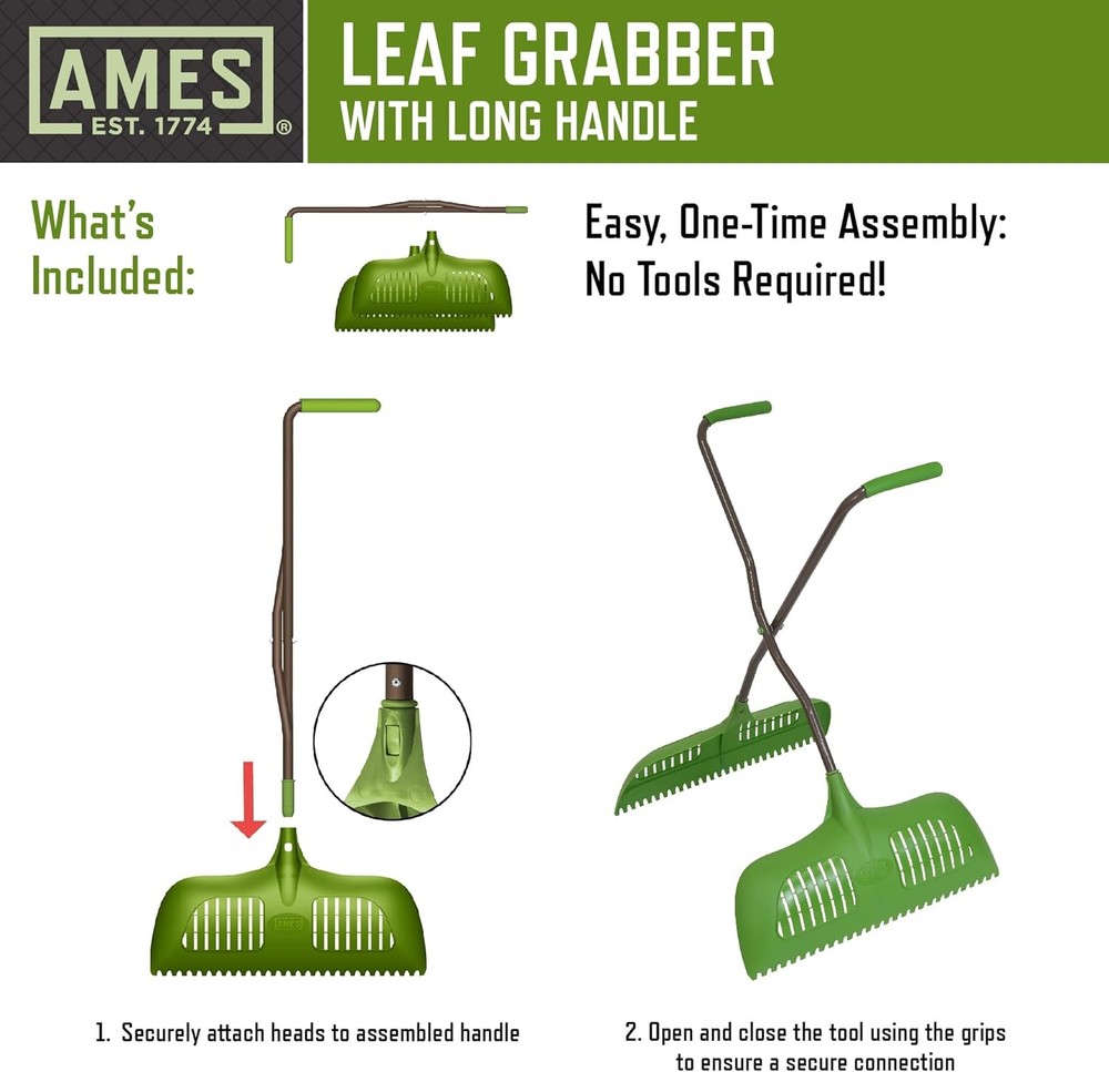 AMES Leaf Grabber Rake with Long Handle & Cushioned Grip for Leaves