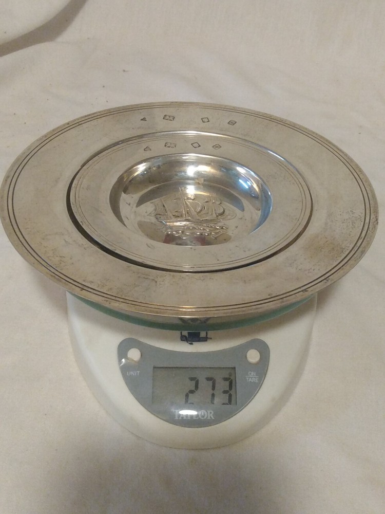 Vintage Garrard Set Solid Silver Armada Dish Central Sailing Ship 273 gm.