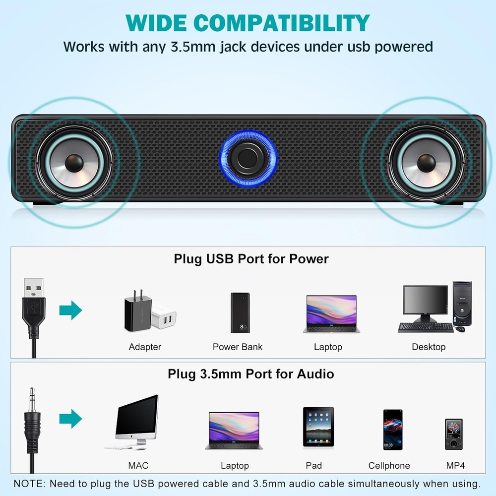 Computer Speakers, USB Powered PC Speakers Wired Stereo Desktop Black