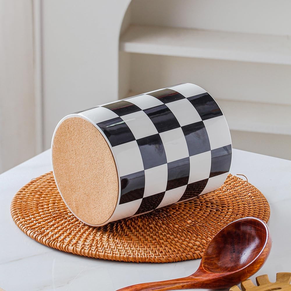 Kitchen Utensil Holder, 6.3 Inch Checkered Ceramic Cooking Utensil Holder Mod...