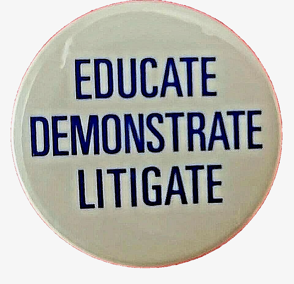 EDUCATE - DEMONSTRATE - LITIGATE 1982 Civil Rights - Peace Protest Button
