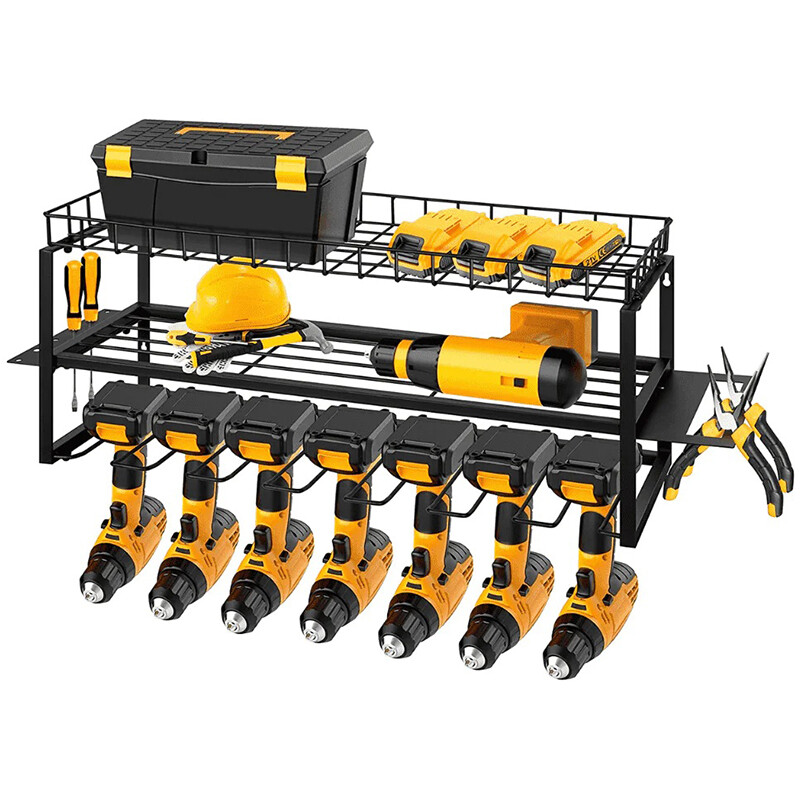 Power Tool Organizer 7 Drill Holder Wall Mount 3 Layer Garage Storage Rack Black