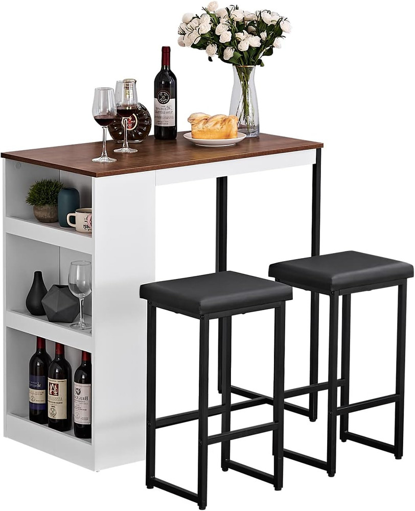 3 Piece Dining Table Set Kitchen Bar Table with Two Stool Storage Shelves Wood C