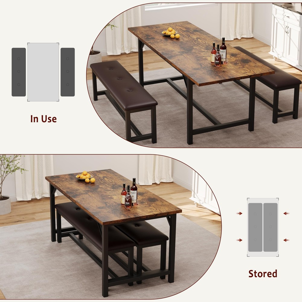Extendable Dining Table Set Kitchen Table and 2 Upholstered Benches Dinette Set