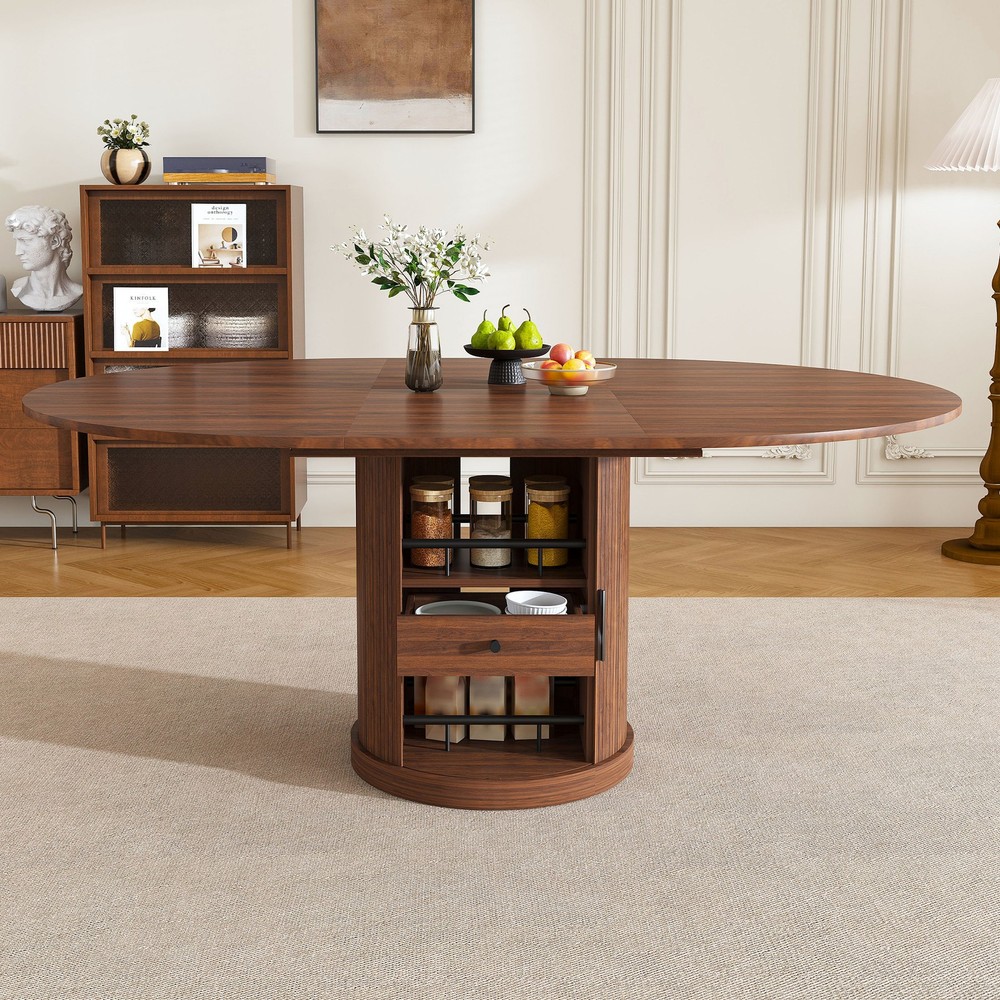 59" Extendable Oval Dining Table with 2-Tier Storage for 4-6, Space Saving Exp